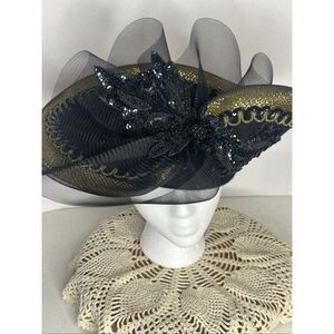 Vintage Black & Gold Embellished Mesh Head Turner Glamour Hat